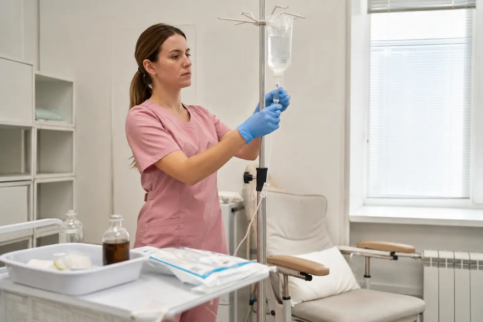 Медсестра готовит капельницу с тиоктовой кислотой
